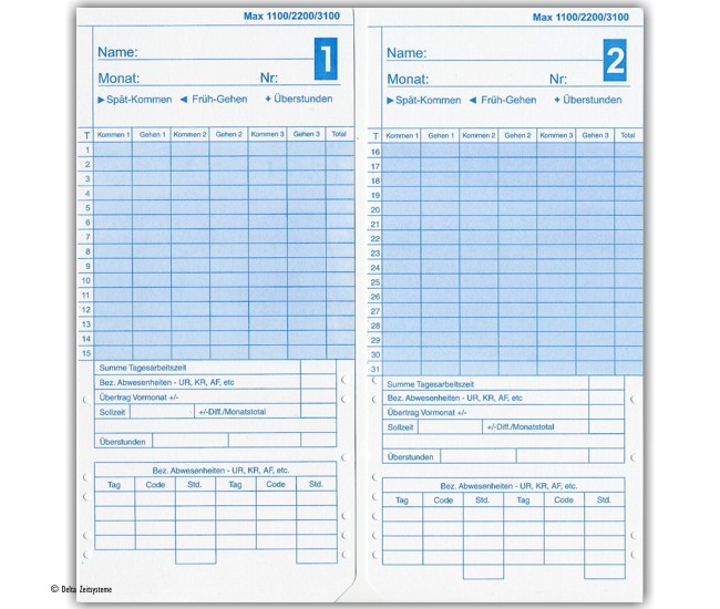 Stempelkarten für MAX-Uhren (100  Stück)